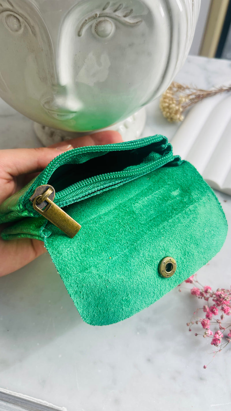 Porte monnaie Cuir véritable-vert métallisé