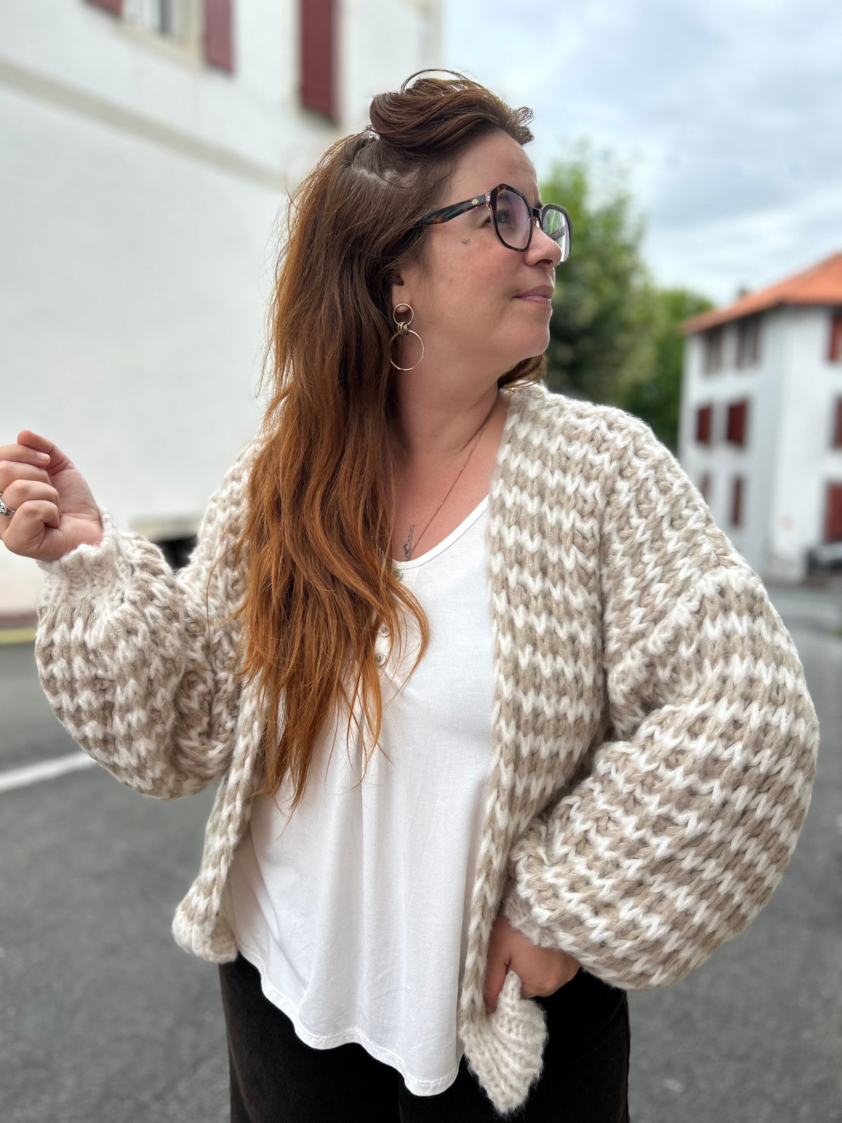 Gilet Ouvert Rayures Tricot Chunky