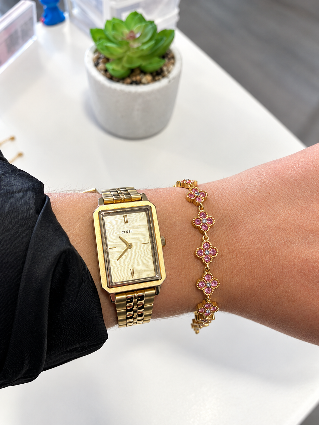 Bracelet doré femme en acier inoxydable – Trèfles colorés