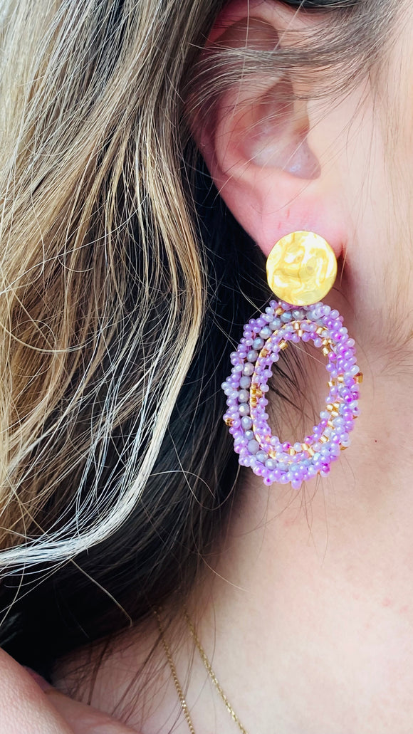 Boucles d’oreille acier - Perles violettes et dorées