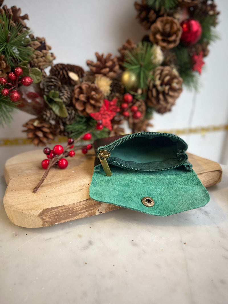 Porte monnaie Cuir véritable-vert métallisé