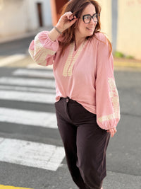 Blouse Rose Poudré Gaze de Coton Brodée