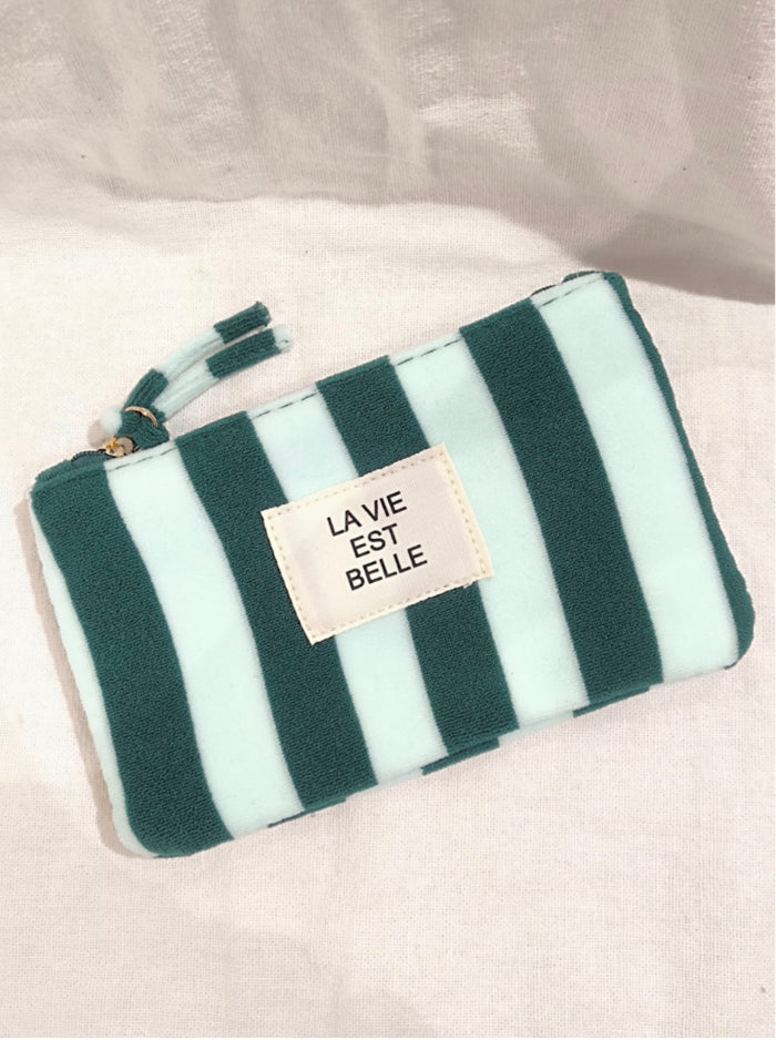 Pochette rayée "la vie est belle" vert