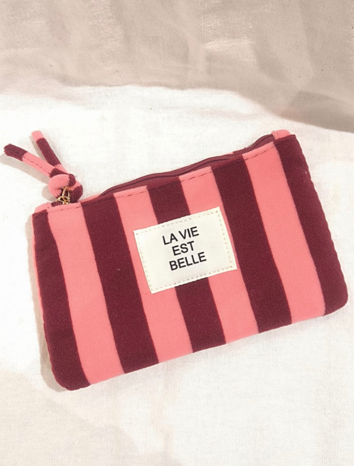 Pochette rayée "la vie est belle" fuchsia