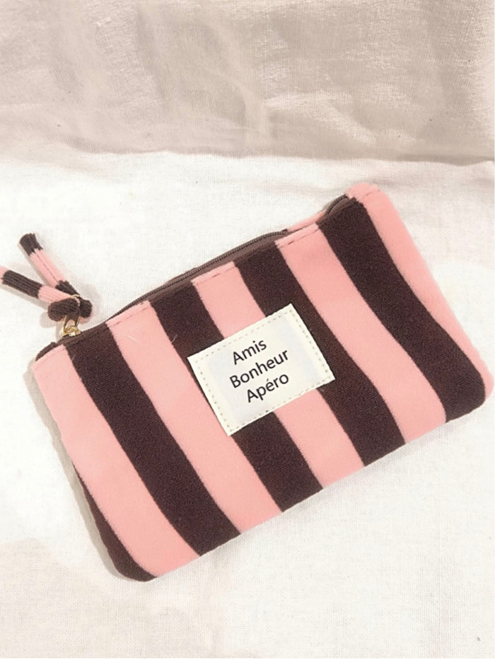 Pochette rayée "Amis Bonheur Apéro" rose