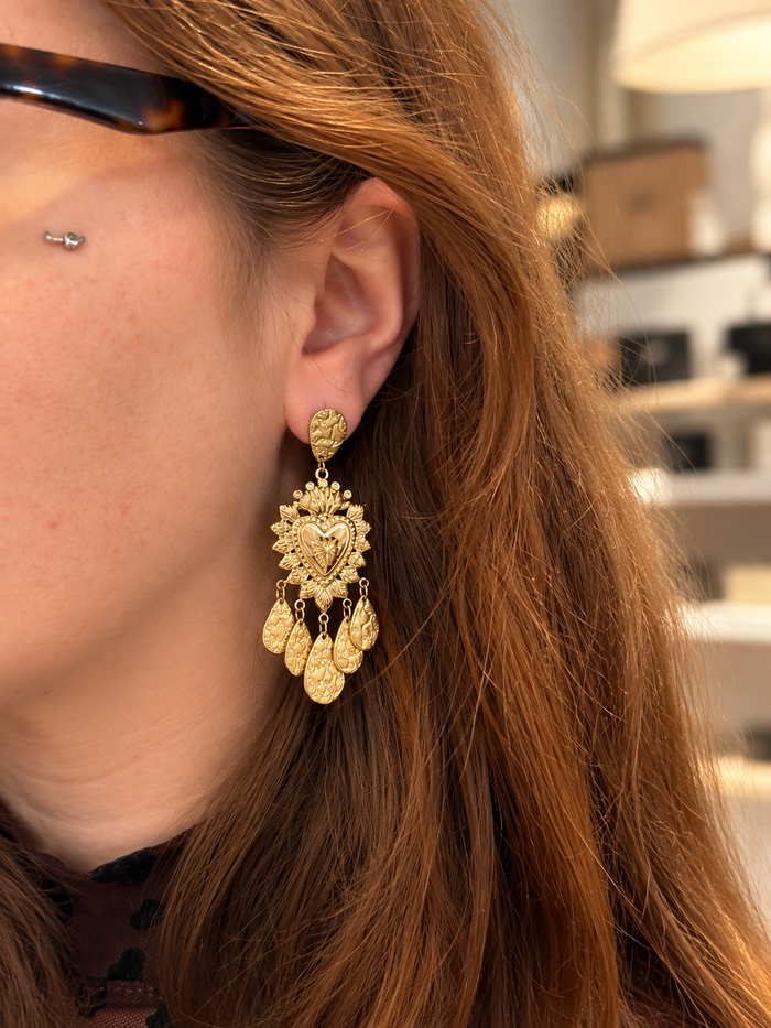 Boucles d’oreilles femme dorées cœur bohème chic en acier inoxydable