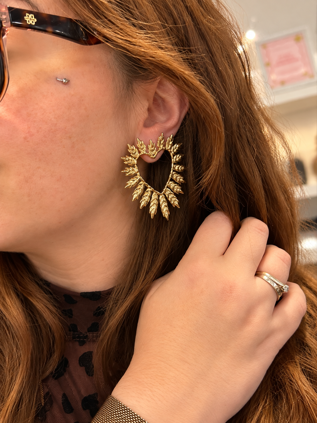 Boucles d’oreilles femme cœur doré feuillage en acier inoxydable
