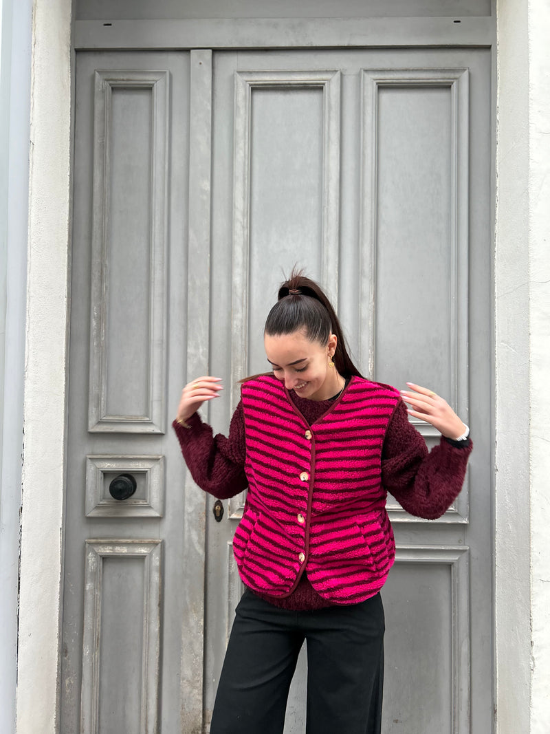 💕 Gilet doudou "Paloma" – Rayures rose & noir