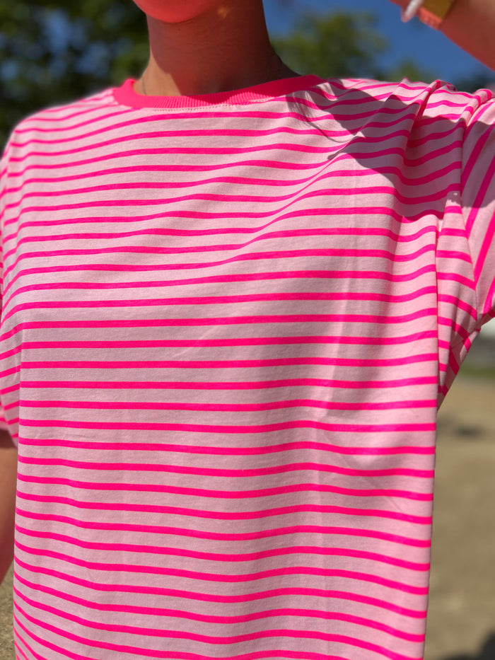 T-shirt Rayé Rose & Rose Fluo – 100% Coton Été 2026