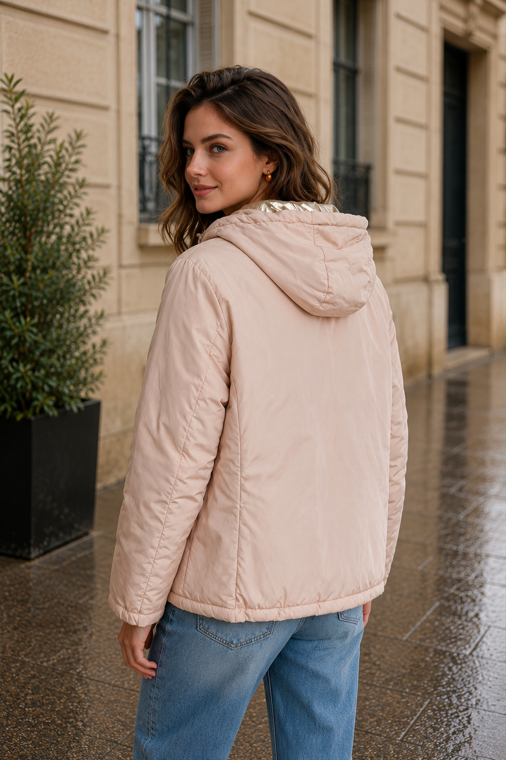 Veste Imperméable Réversible à Capuche – Beige
