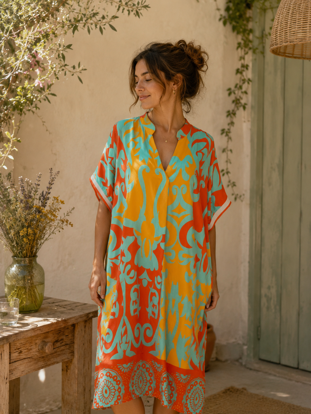Robe oversize - viscose - orange et turquoise