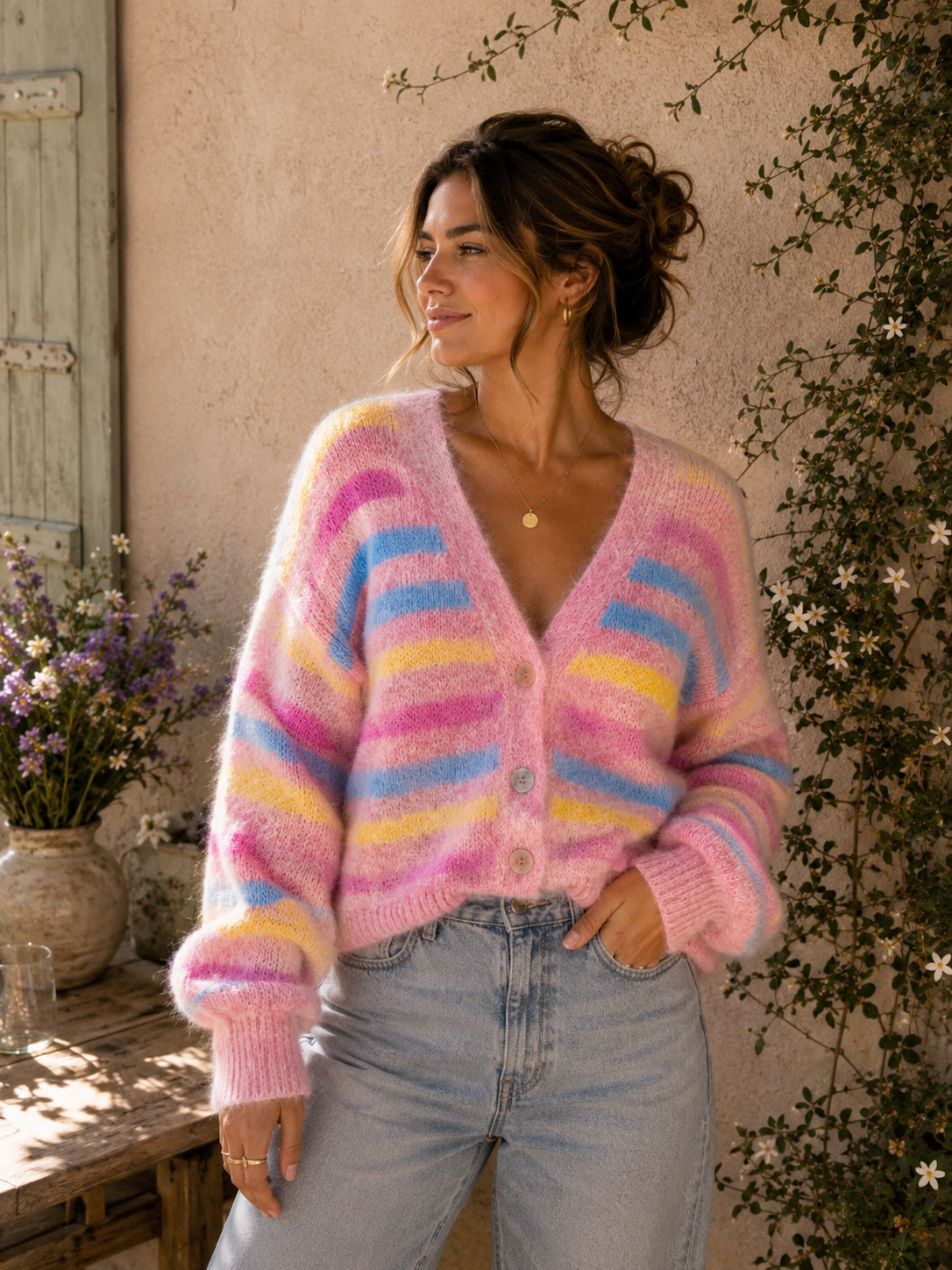 Gilet à grosses rayures - Rose