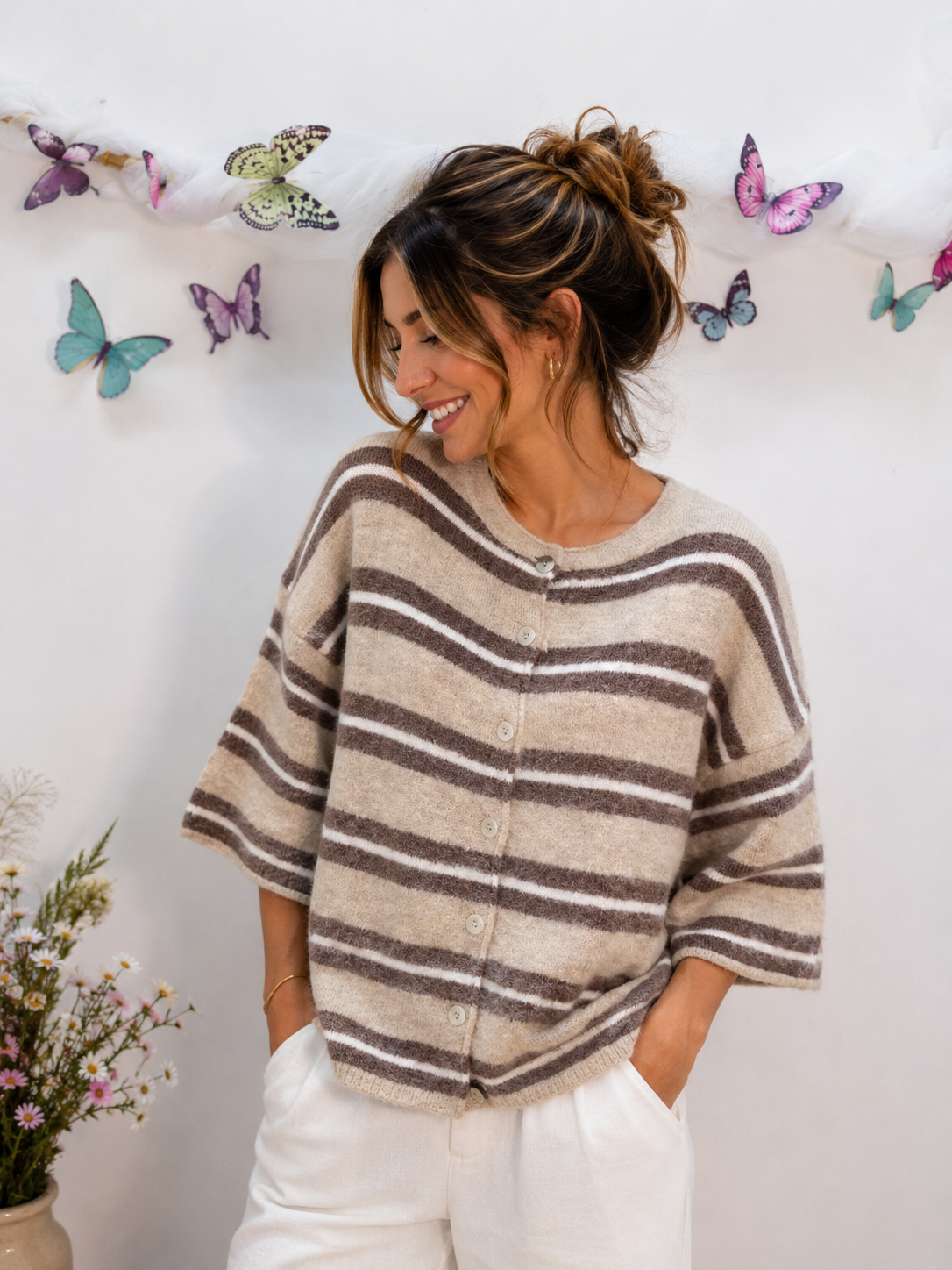 Gilet rayé tout doux - Beige - Taille unique