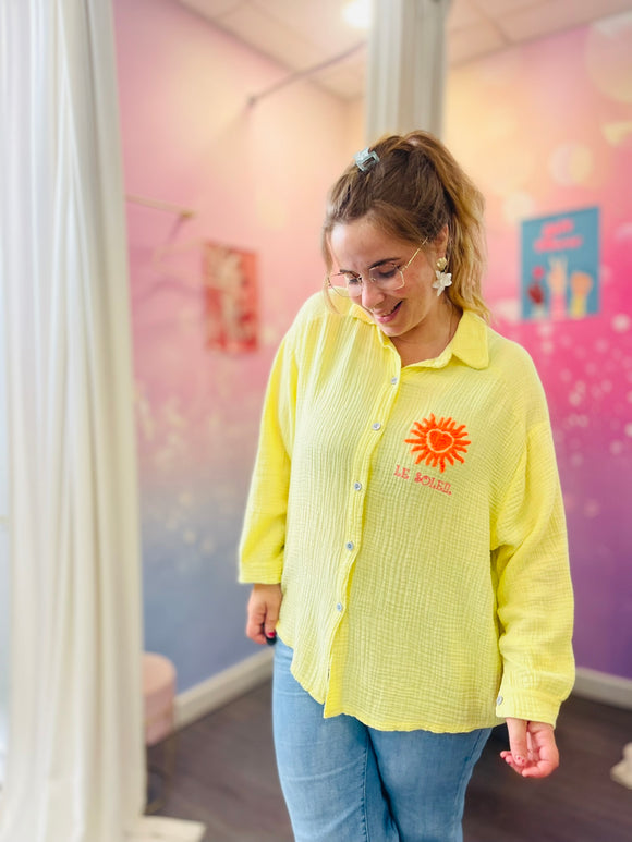 Chemise Oversize Jaune Gaze Coton 'LE SOLEIL' - Brodée Très Ample 38-50+
