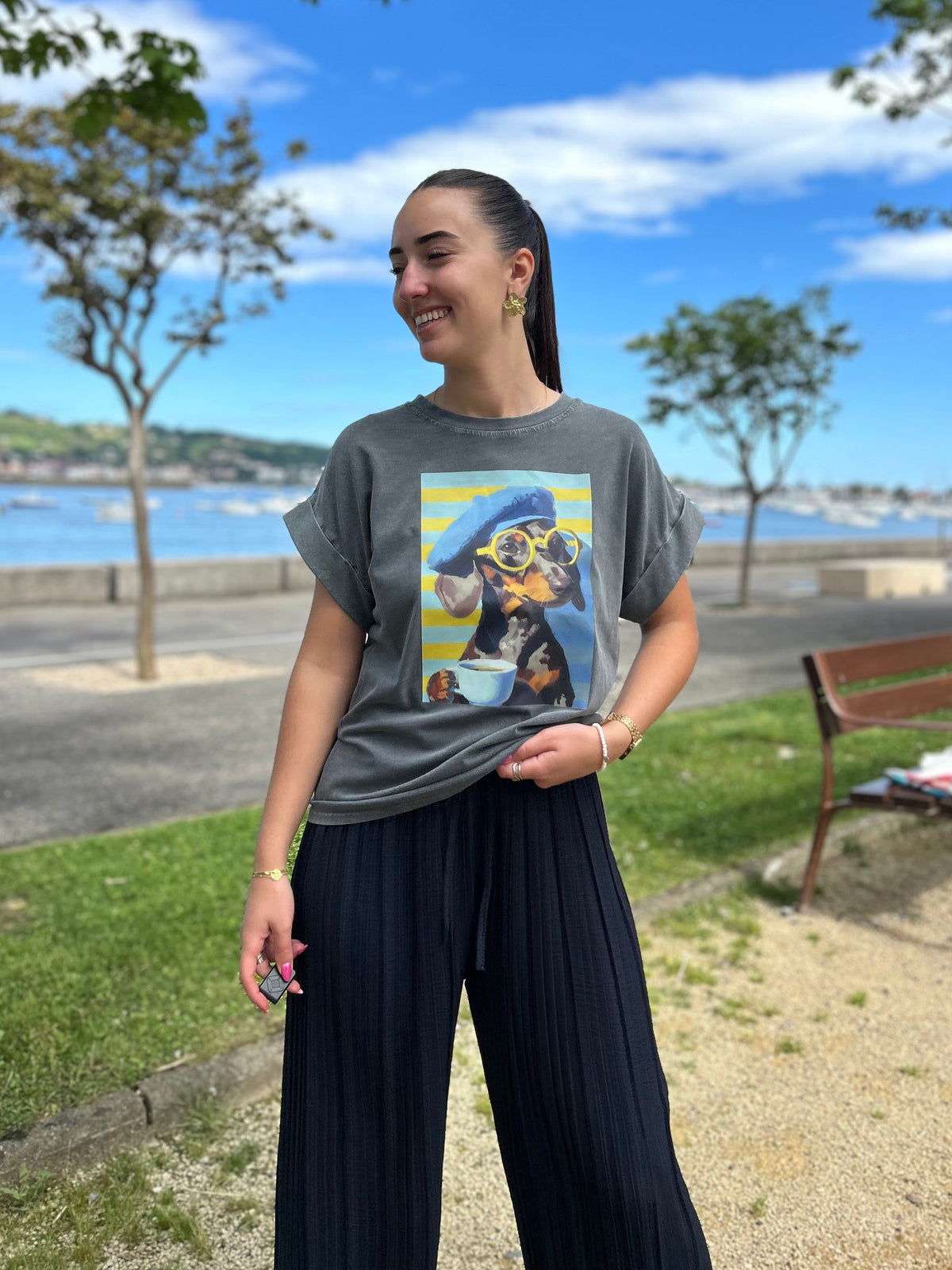 Tee shirt imprimé chien avec beret 
