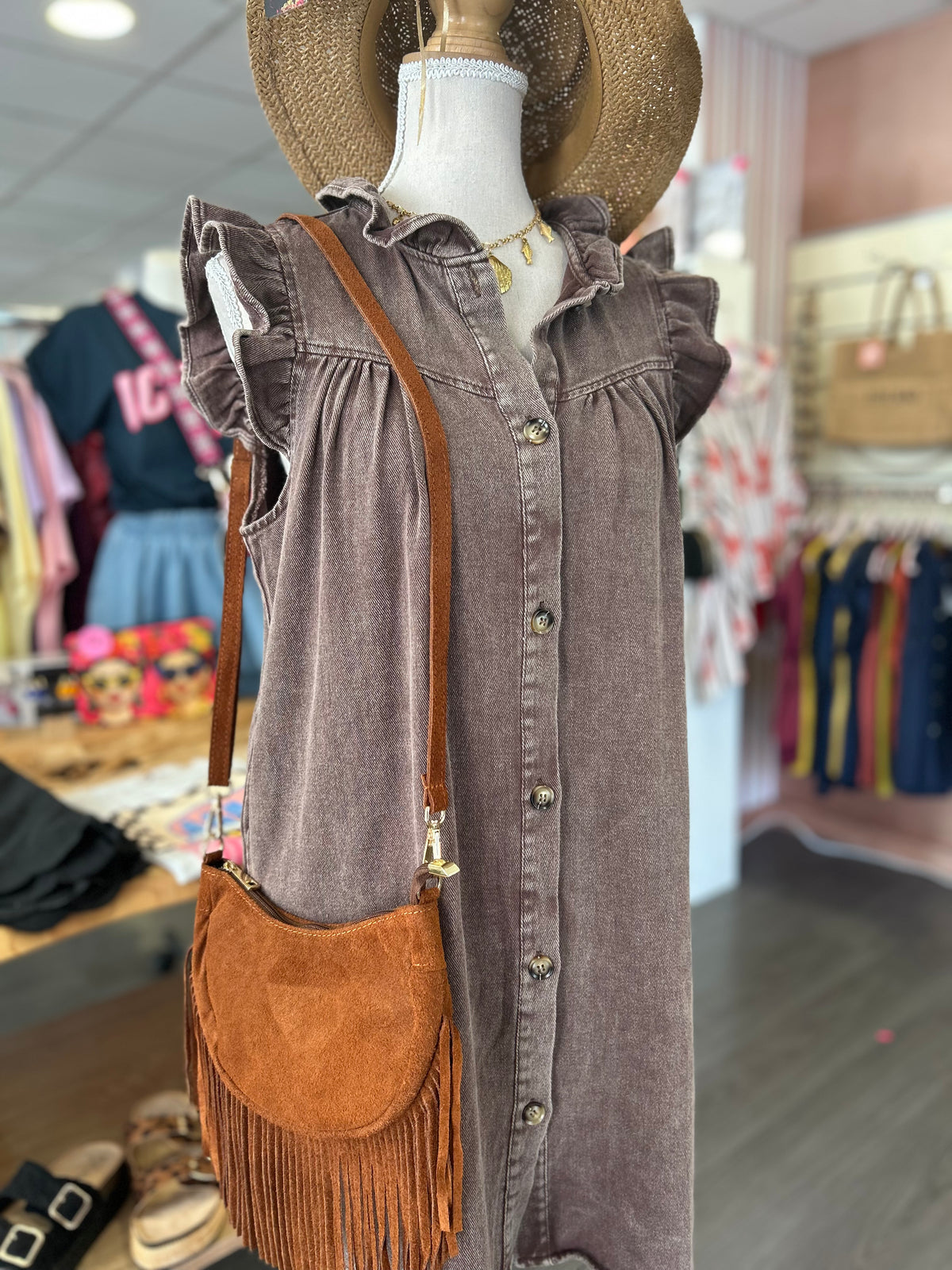 Sac Bandoulière Effet Daim à Franges – Camel
