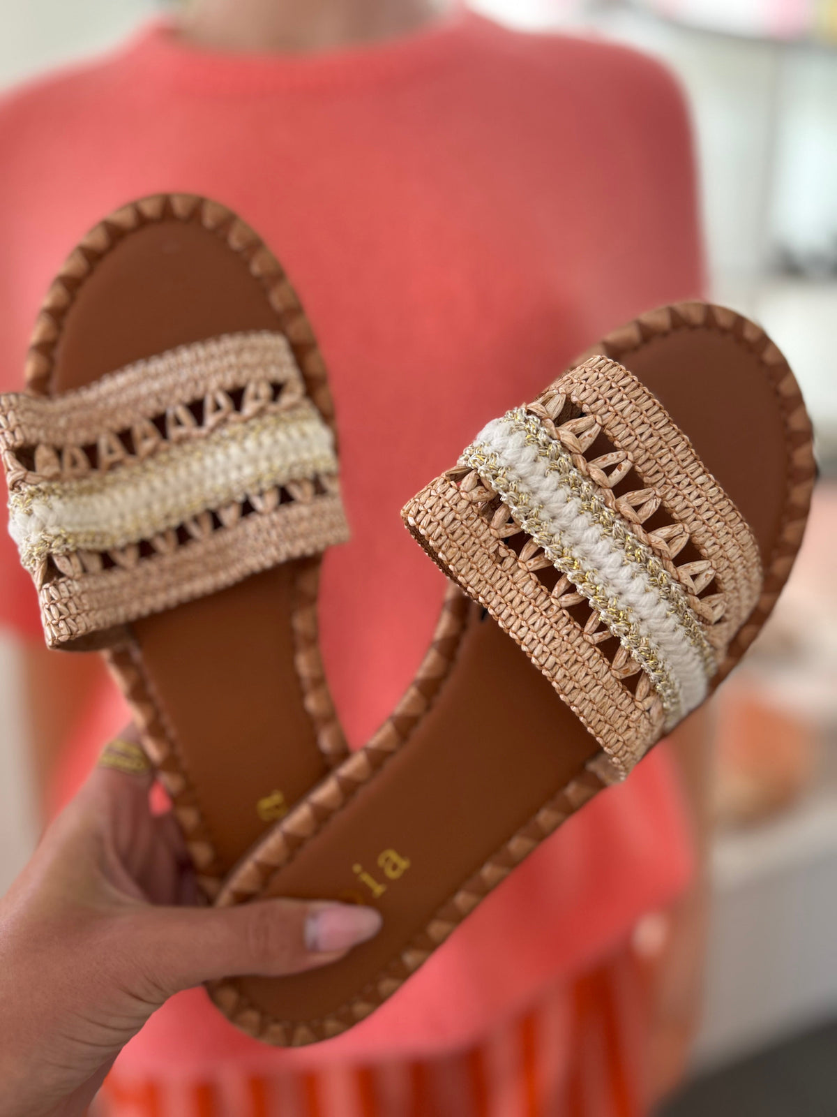 Claquettes Raphia Tressé Blanc & Or