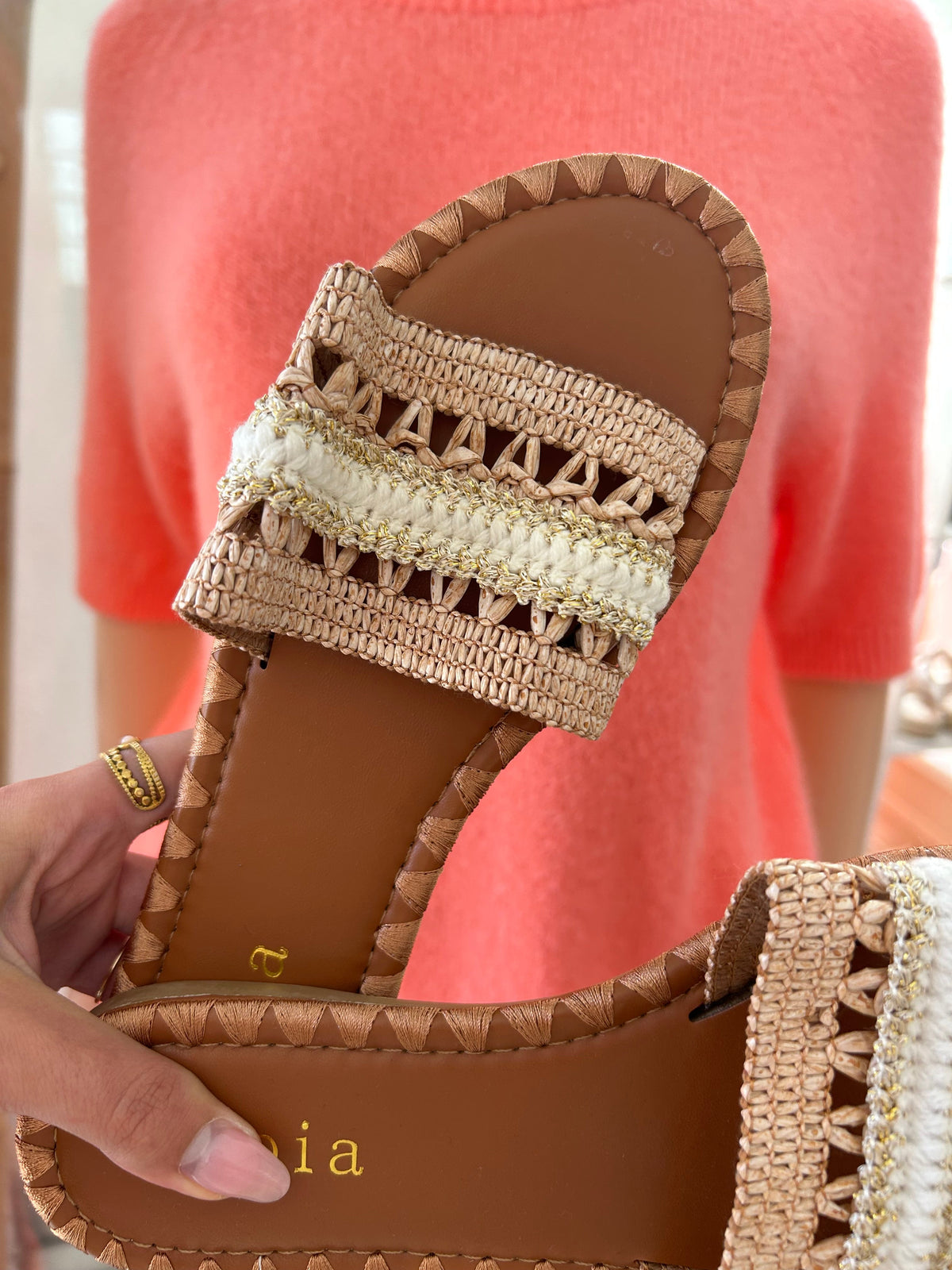 Claquettes Raphia Tressé Blanc & Or