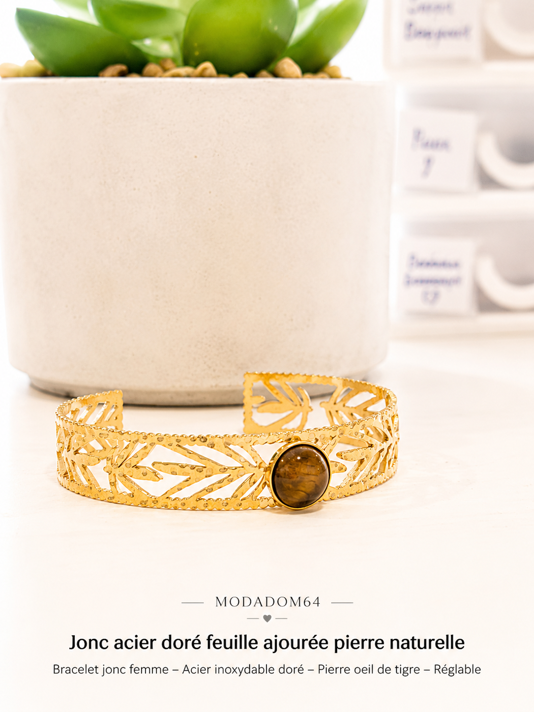 Jonc Réglable Acier Inoxydable & Pierre Synthétique Marron – Collection Modadom