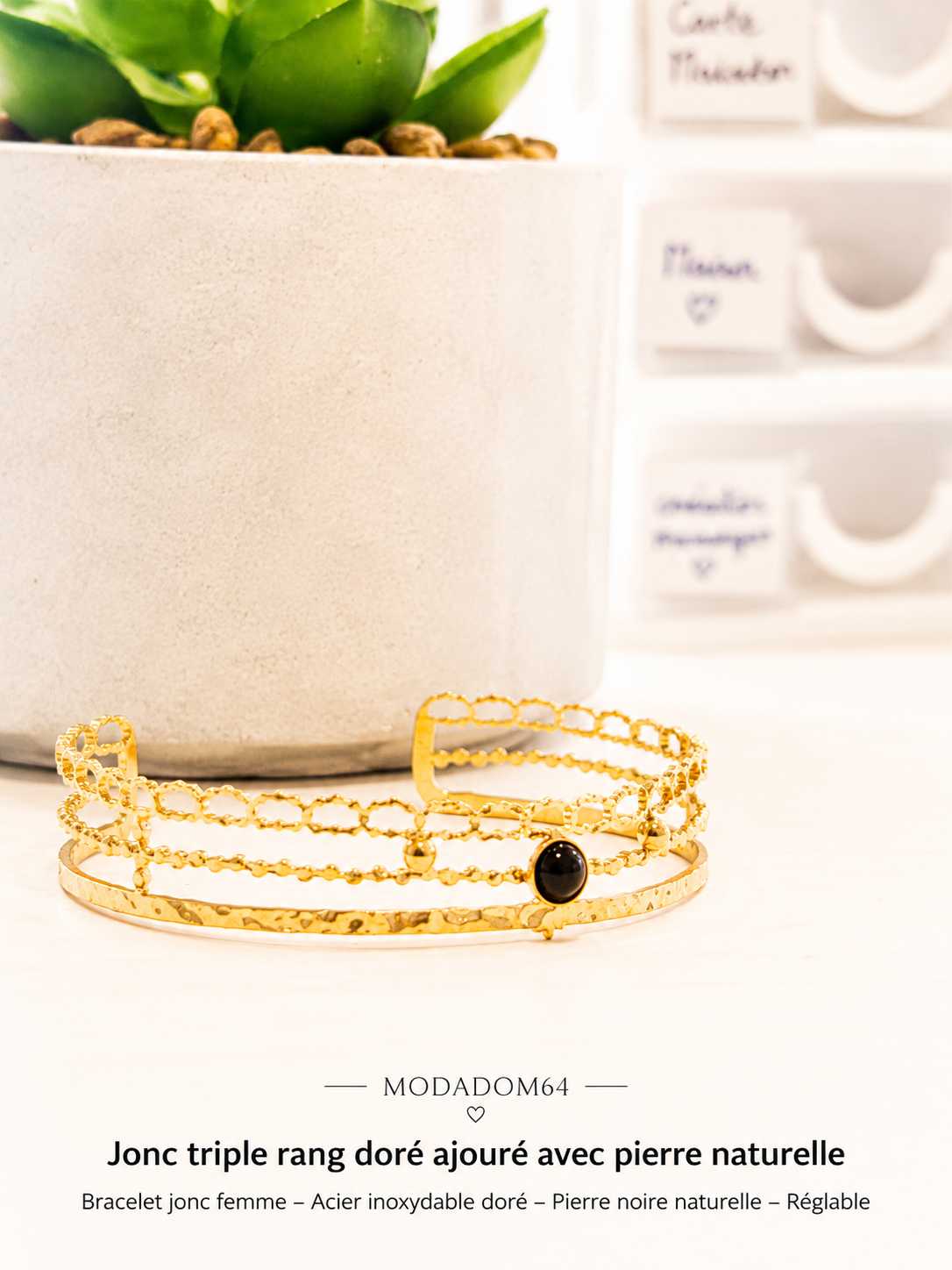 Jonc Réglable Acier Inoxydable & Pierre Synthétique Marron – Collection Modadom