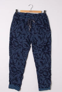 Pantalon - confort - Fleurs- Beu jean