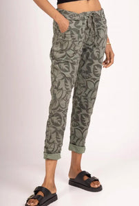 Pantalon - confort - Fleurs- Kaki