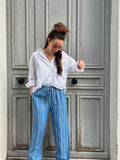 Pantalon palazzo bleu rayé femme en Tencel – taille unique confortable 36 au 40/42.