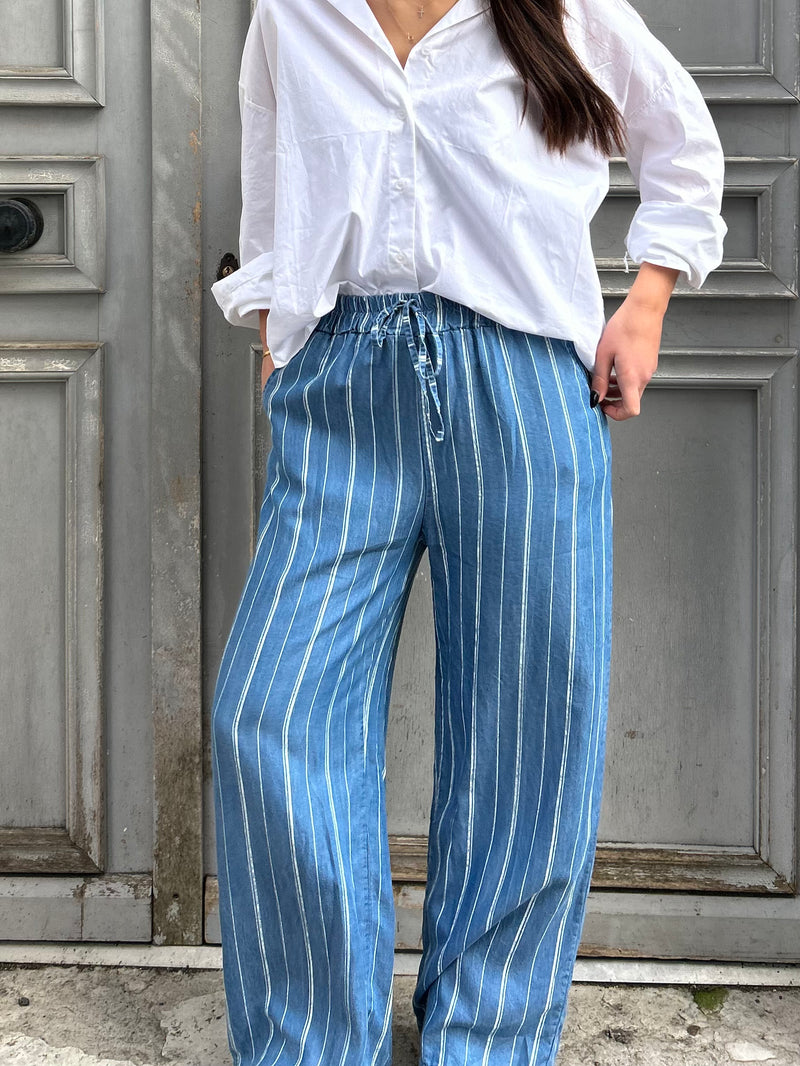 Pantalon palazzo bleu rayé femme en Tencel – taille unique confortable 36 au 40/42.
