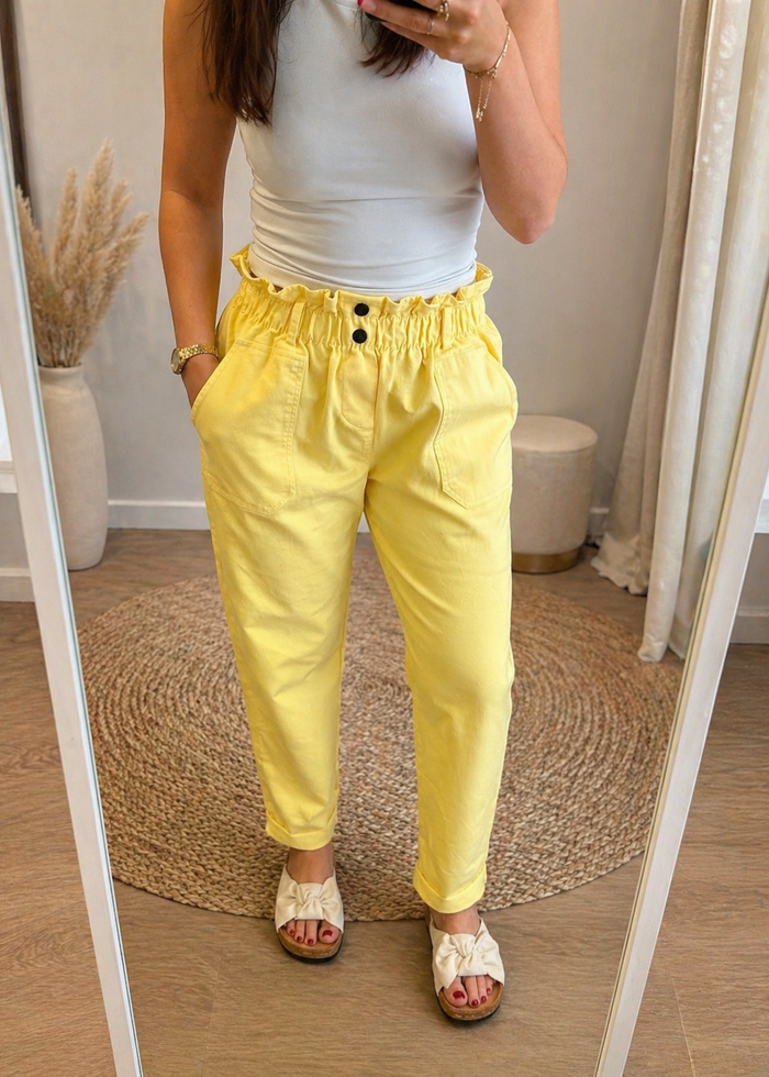 Pantalon paperbag taille haute jaune pastel 