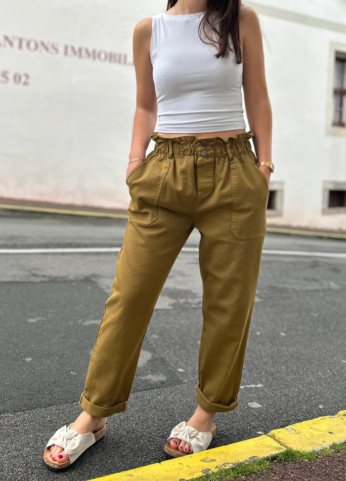 Pantalon paperbag taille haute kaki 