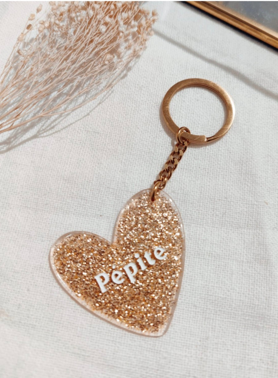 Porte clef résine paillettes "Pépite" doré
