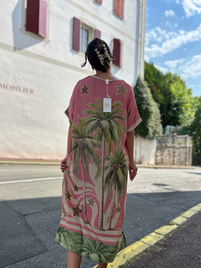 Robe longue paillettes multicolore – imprimé tropical Today Will Be Great, vue de dos