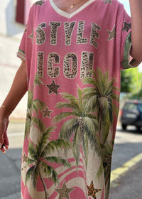 Robe longue paillettes rose Style Icon – dos avec imprimé palmiers et étoiles léopard