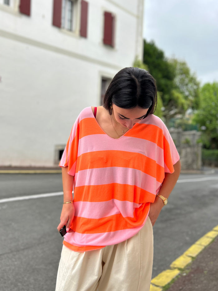 Tee shirt rayé rose et orange tendance été 2026