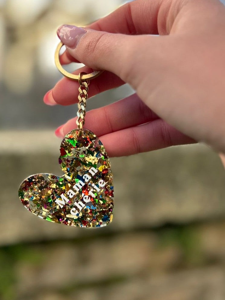 💖 Porte-clés Cœur Résine – Messages Tendance & Paillettes 💖