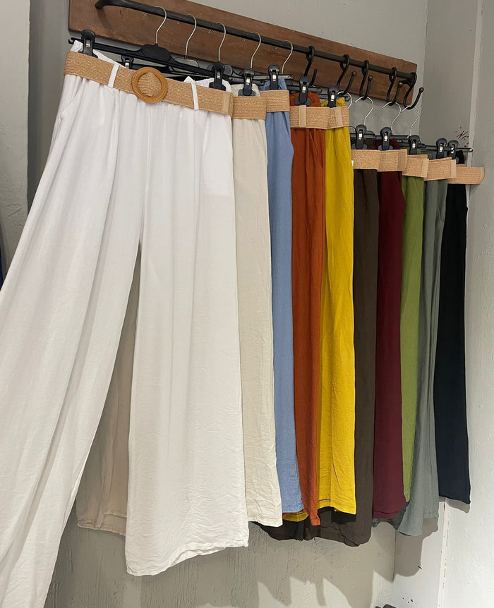 Pantalon Fluide Taille Élastique + Ceinture Rafia