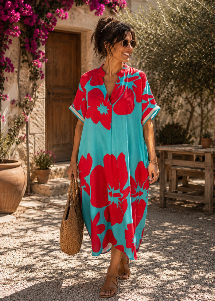 Robe Fleurie Turquoise & Rouge