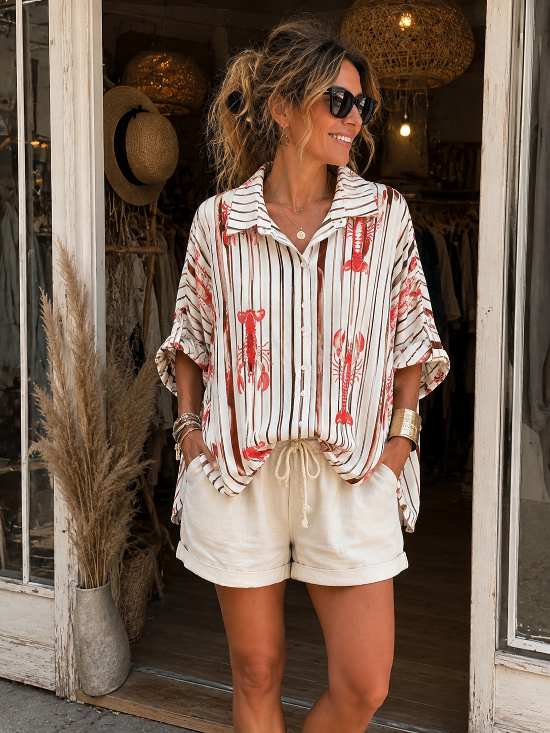 Chemise oversize imprimé homard 100% viscose italienne – taille unique 36 au 50 – style boho-chic été