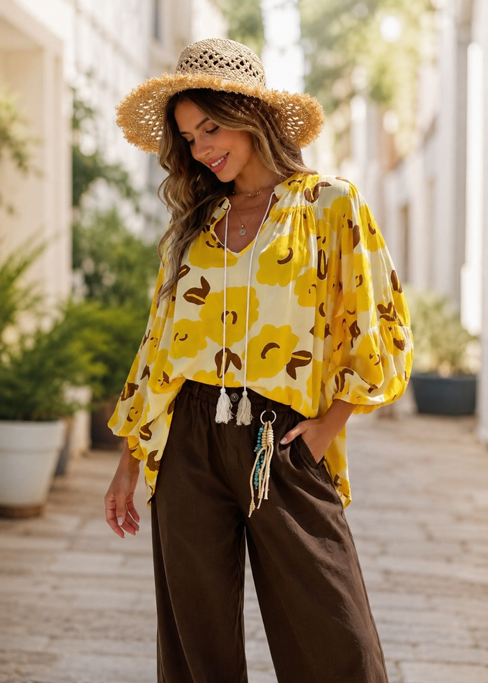 Blouse Ample Fleurie Jaune – Taille Unique 36/50