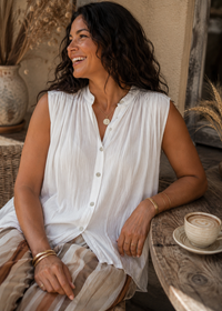 Blouse Coton Bohème Sans Manches – Taille Unique | Blanc, Crème & Noir