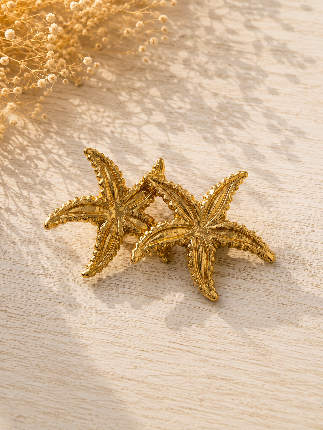 Boucles d'oreille | Acier inoxydable doré | Étoile de mer & Fleurs - grandes & légères