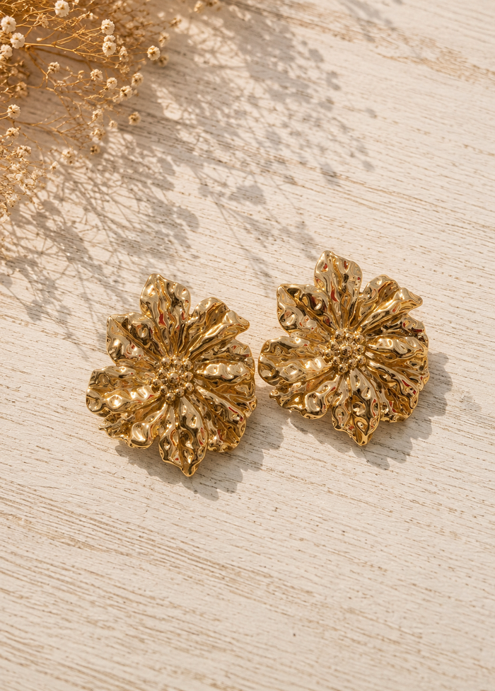 Boucles d'oreille | Acier inoxydable doré | Étoile de mer & Fleurs - grandes & légères