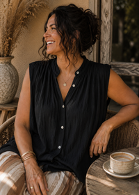 Blouse Coton Bohème Sans Manches – Taille Unique | Blanc, Crème & Noir