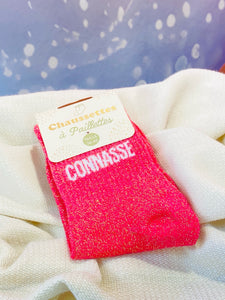 🧦 Chaussettes à paillettes – "CONNASSE" (Rose fluo)