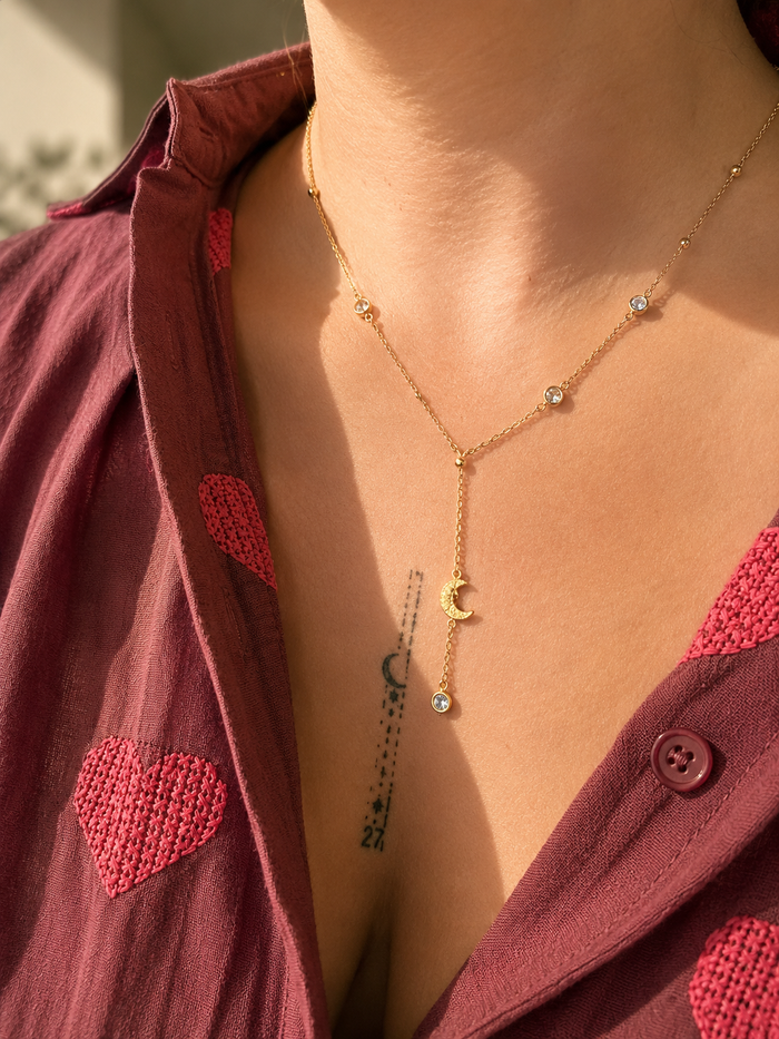 Collier Y Doré Zircon & Pendentif Céleste – Acier Inoxydable Plaqué Or 18K