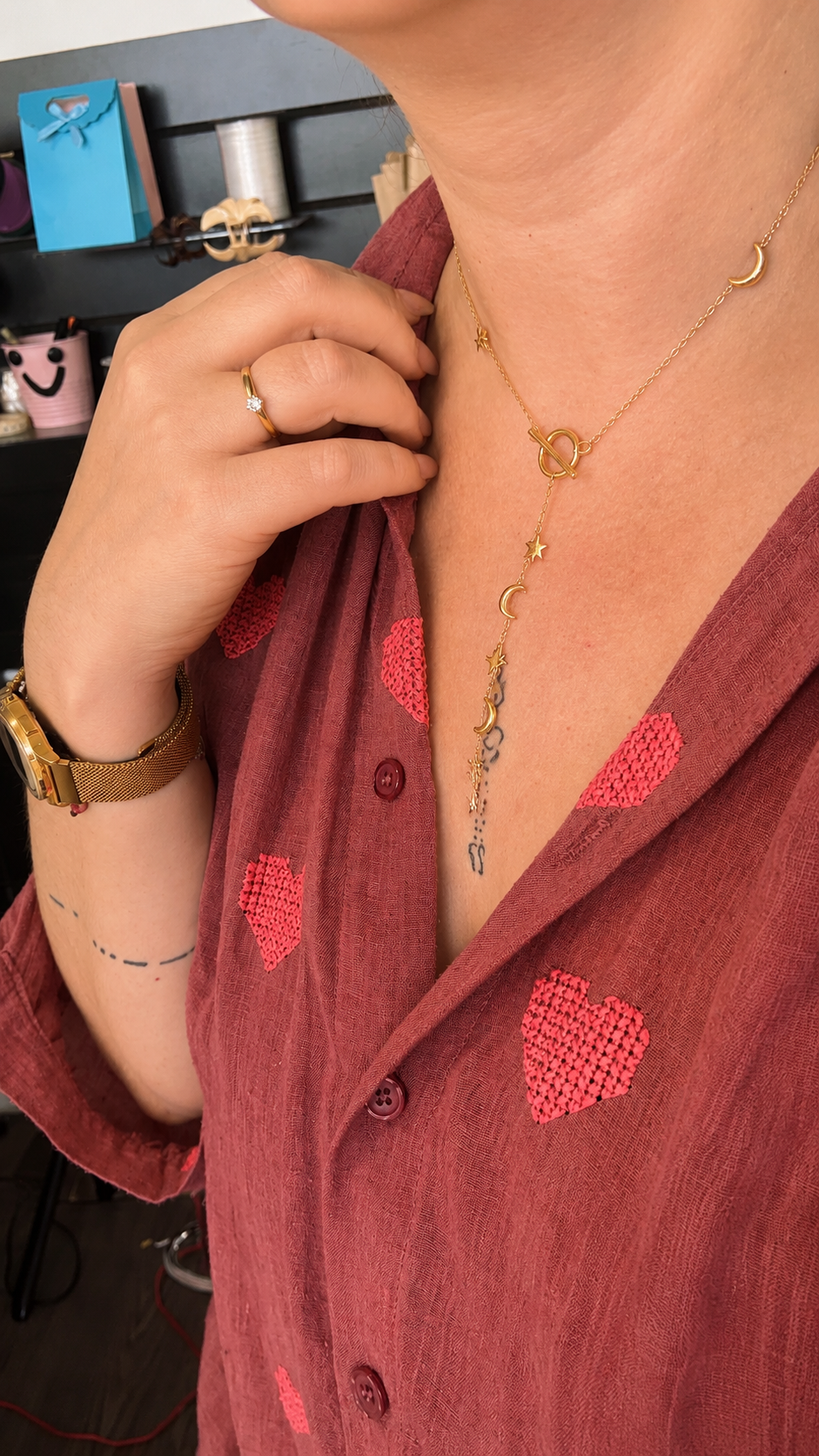 Collier Y Doré Zircon & Pendentif Céleste – Acier Inoxydable Plaqué Or 18K
