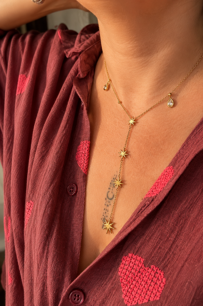 Collier Y Doré Zircon & Pendentif Céleste – Acier Inoxydable Plaqué Or 18K