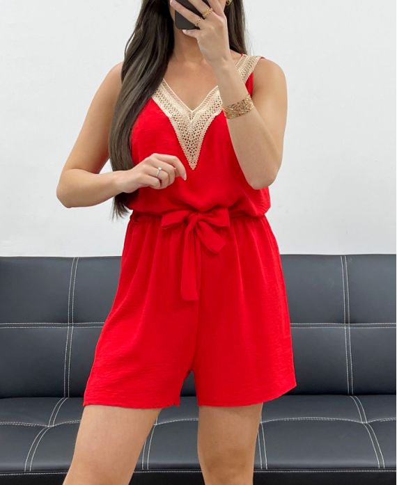 🔴 Combi-short fluide à dentelle – Rouge