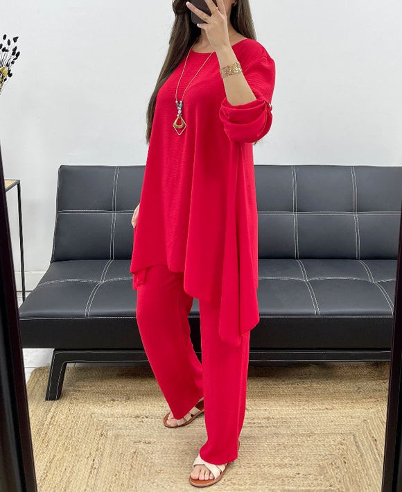 🔥 Ensemble fluide rouge – Tunique longue + Pantalon fluide