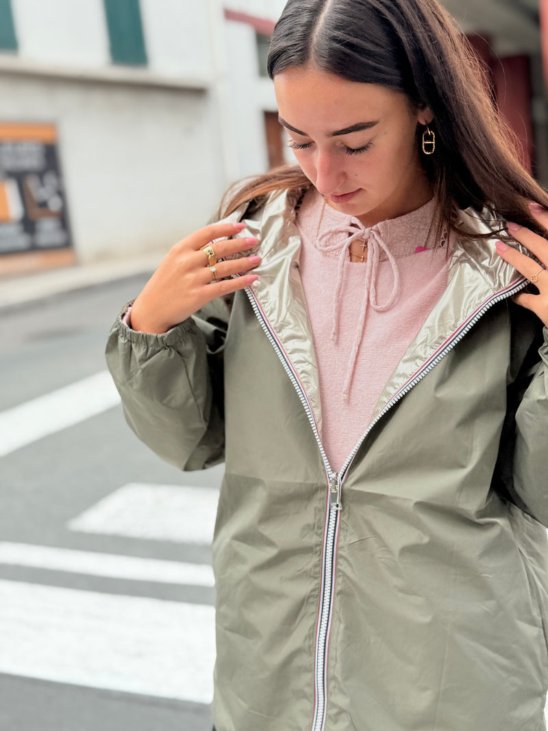 🌦 Imperméable Réversible Kaki / Argenté – Mi-long Ultra Stylé